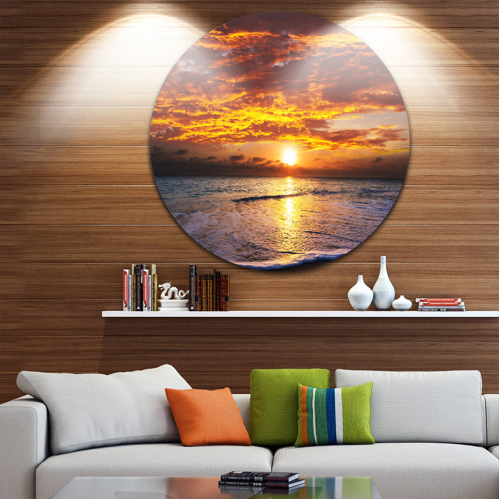 Yellow Sunset Above Foaming Waves, Beach Large Disc Metal Wall Art, 11"