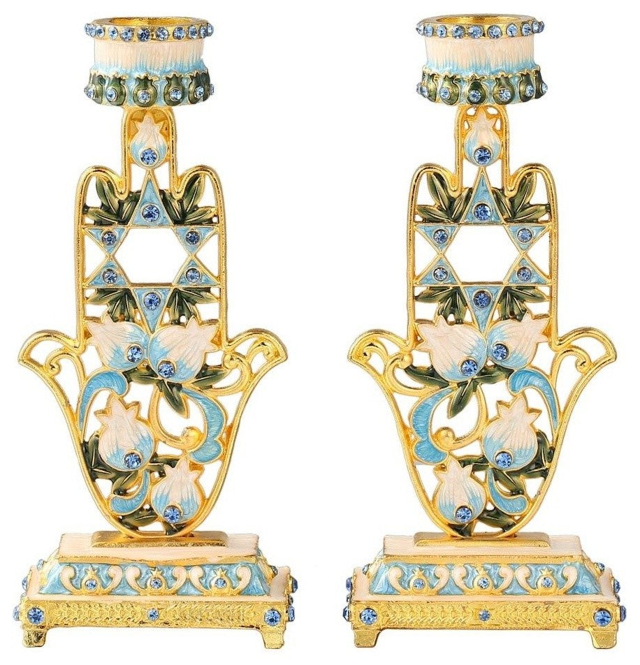 Shabbat Candlestick (2-Piece Set) Hand-Painted  Gold-Plated Pewter