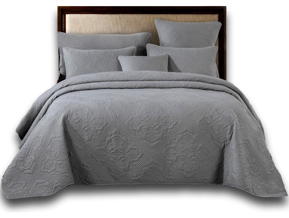 Elegant Modern Floral Grey Diamond Pattern Quilted Coverlet Bedspread Set, Queen