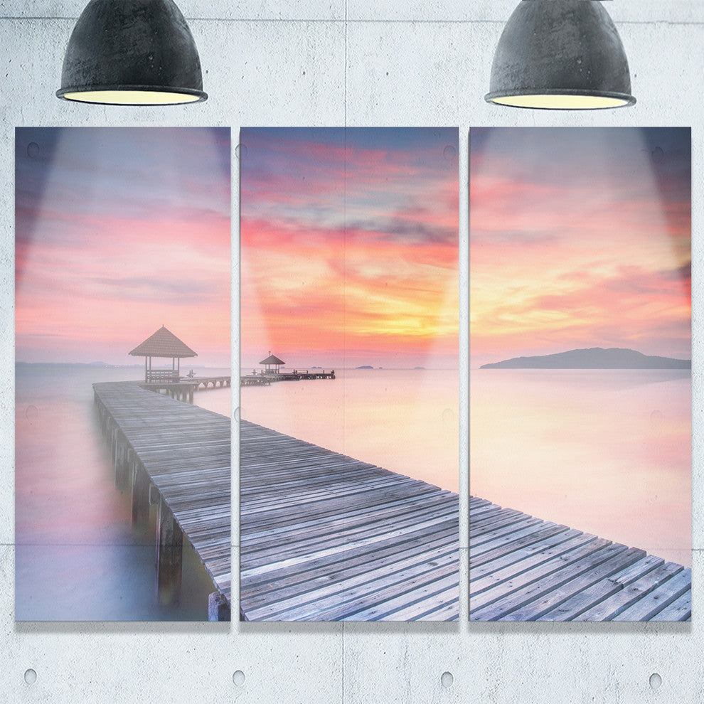 "Stylish Wooden Bridge and Beach Sky" Sea Pier Metal Wall Art, 3 Panels, 36"x28"