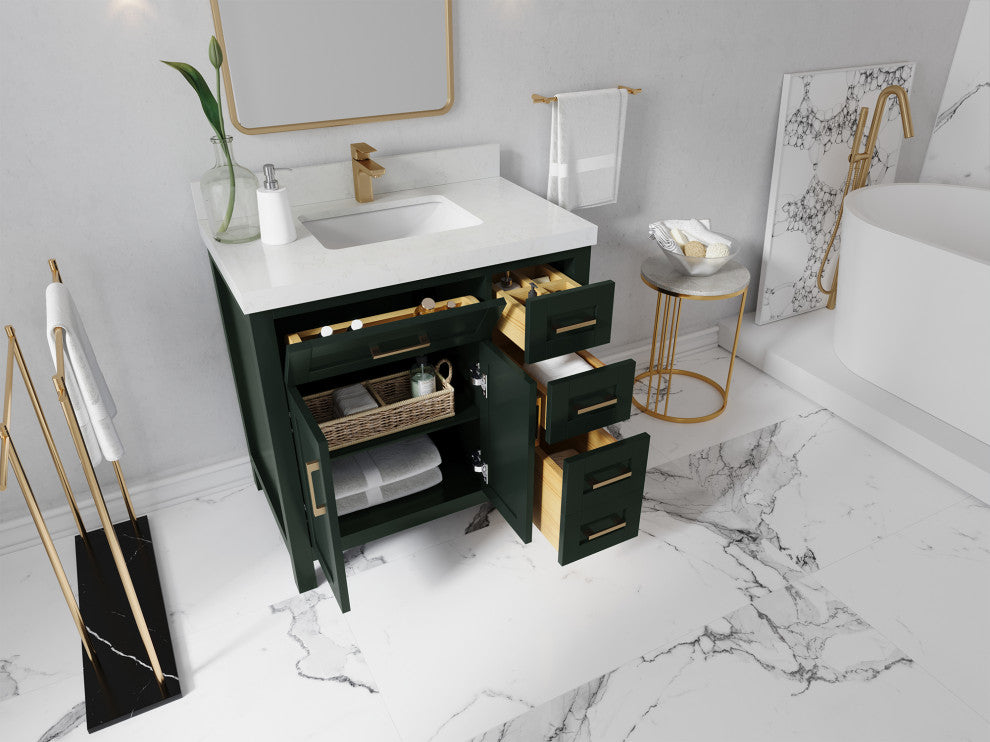 Cambridge 36 Left Offset Bath Vanity in Dark Forest Green 1.5" Calacatta Laza