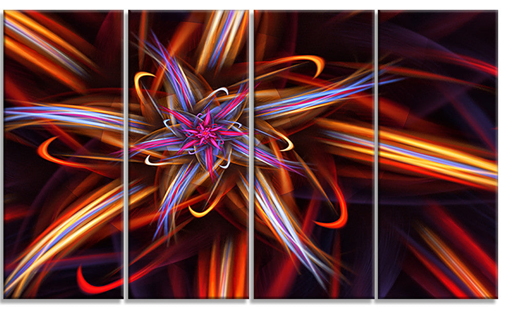Red Purple Colorful Fractal Design, Floral Canvas Art Print, 48"x28", 4 Panels