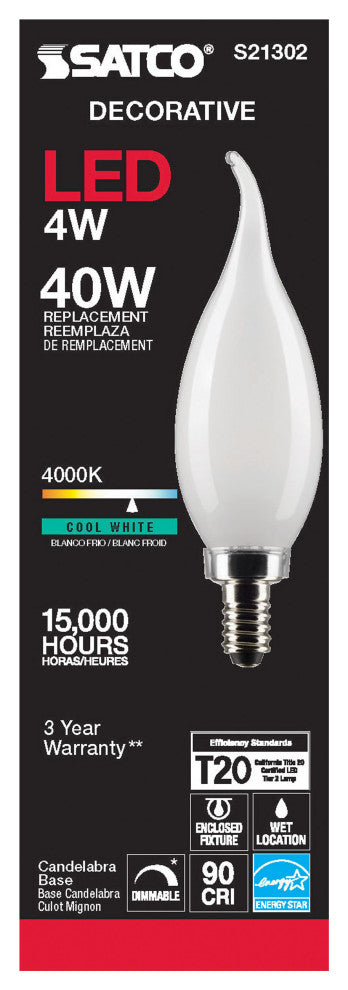 4W CA10 LED, Frost, Candelabra Base, 90 CRI, 4000K, 120V