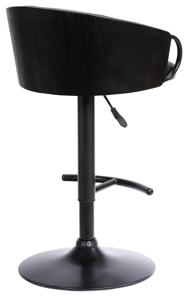 Montego Adjustable Black Faux Leather Swivel Barstool in Black Powder Coated Fin