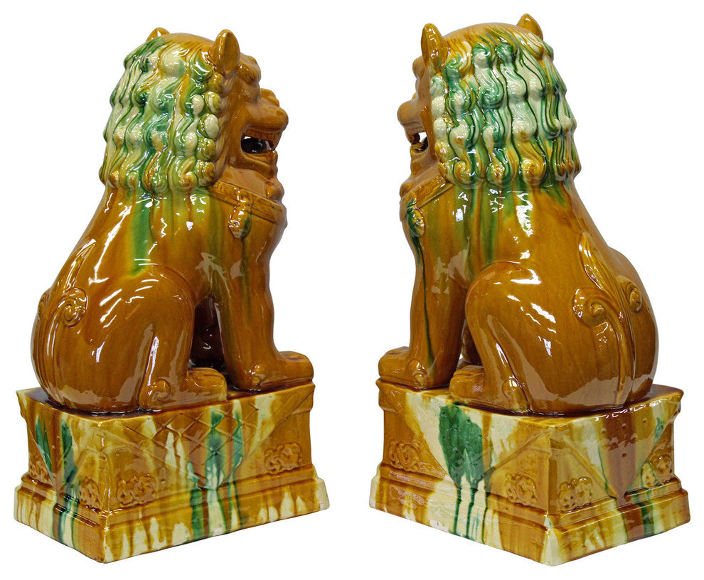 Chinese Yellow Color Glaze Ceramic Fengshui Foo Dog Figures cs2368, 2-Piece Set
