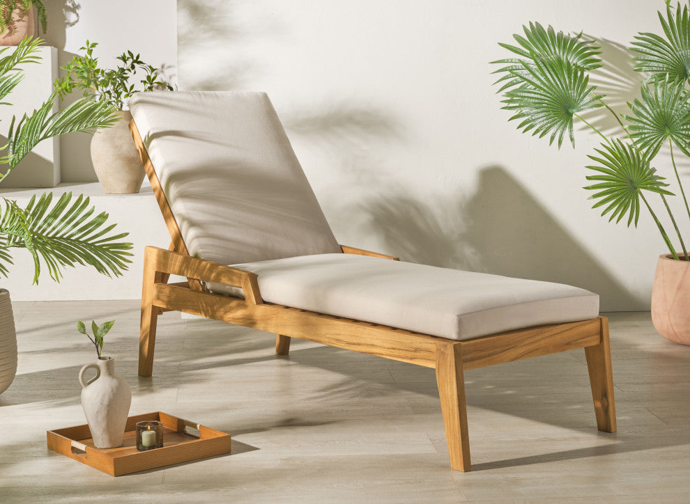 Safavieh Couture Indoor-Outdoor Caledonia Teak Chaise Lounge, Natural/White