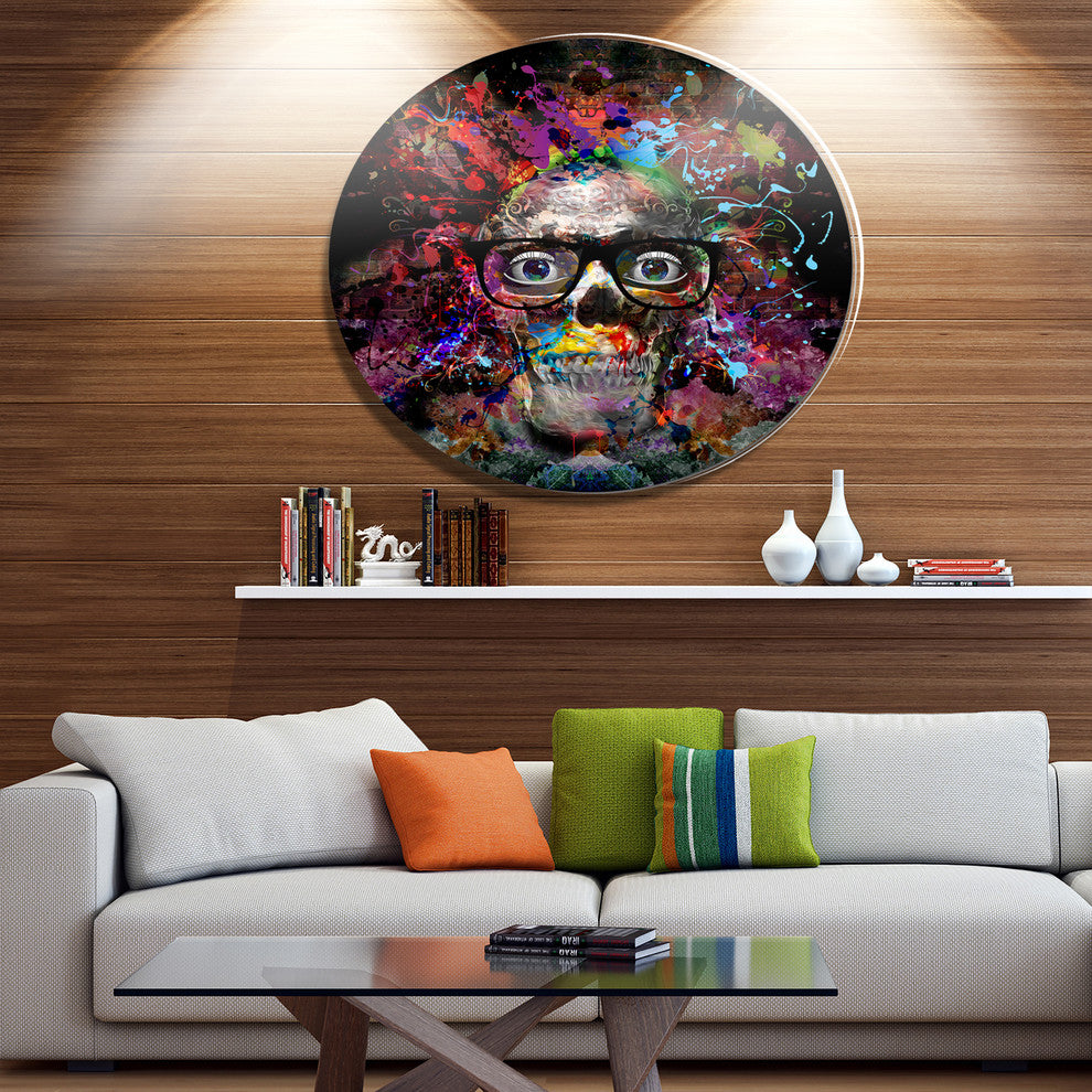 Colorful Human Skull With Glasses, Abstract Disc Metal Artwork, 11"