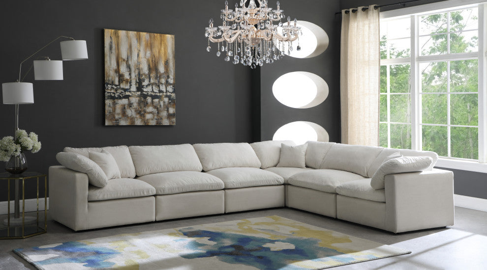 Plush Velvet / Down Standard Comfort L-Shaped Modular Sectional, Cream, 6-Piece: 3 Armless Chair, 3 Corner Chair