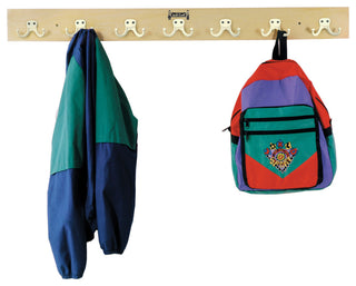 Front-facing, full view of wall-mounted coat rail with accessories on white background (primary product shot).