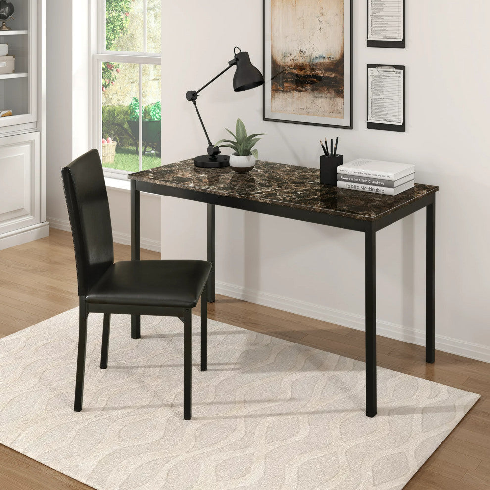 Contemporary Desk, Faux Marble Tabletop With Faux Leather Chair, Brown/Black