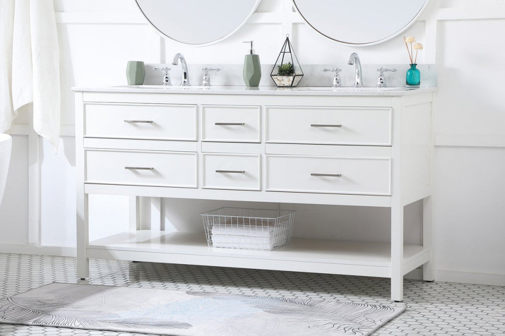 Elegant VF19060DWH-BS 60"Double Bathroom Vanity, White With Backsplash