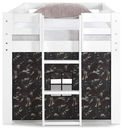 Jasper Twin Junior Loft Bed, White Frame, Green Camouflage Bottom Playhouse Tent