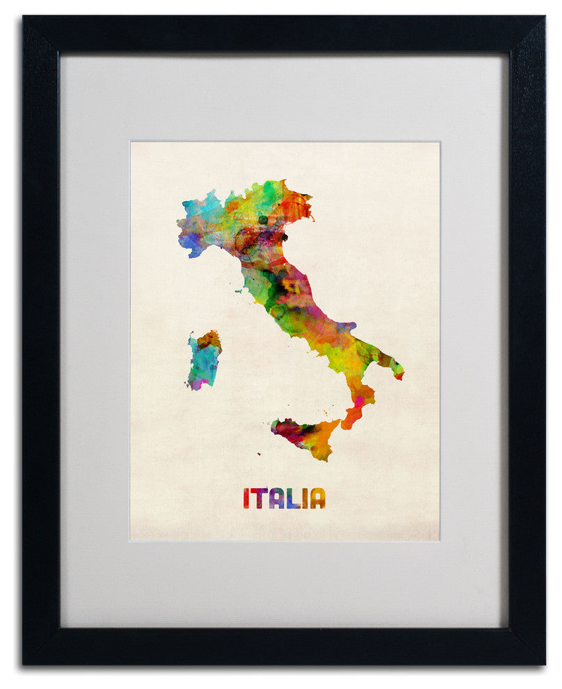 'Italy Watercolor Map' Matted Framed Canvas Art by Michael Tompsett