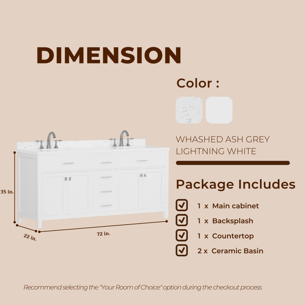 Caroline 72" Double Bath Vanity With Cultured Marble Quartz Top, White