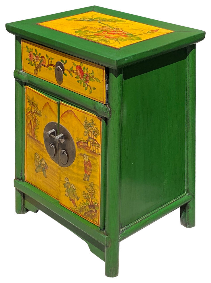 Oriental Distressed Green Yellow Kids Graphic End Table Nightstand Hcs7339