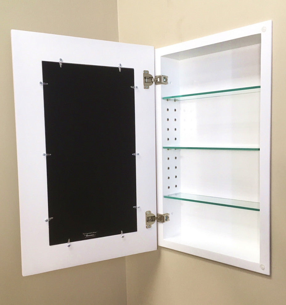 Concealed Picture Frame Medicine Cabinet, Shaker White, 14"x24"