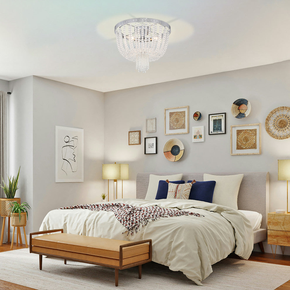 Helena 3-Light Glam Flush Mount Ceiling Light With Crystal Beads, Chrome