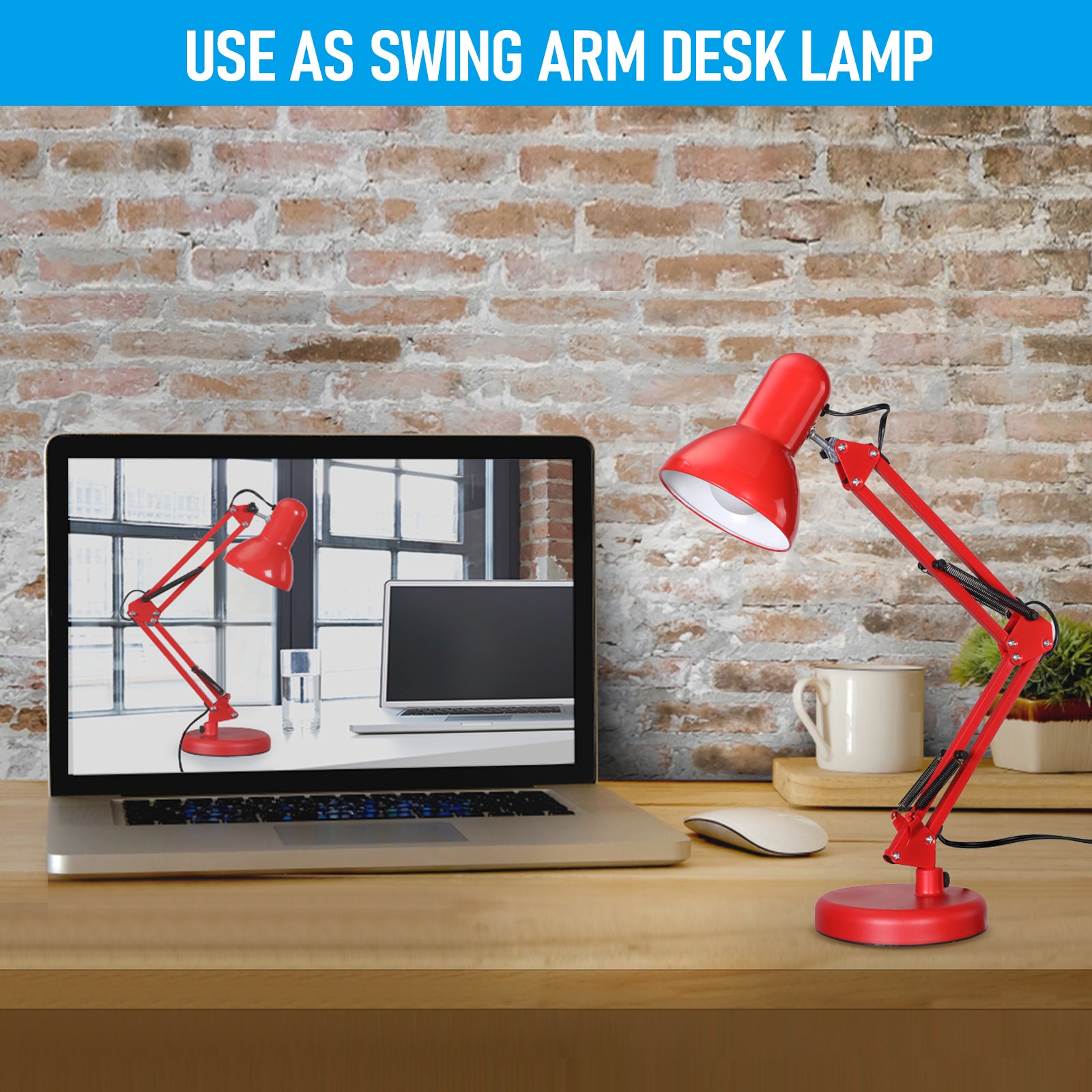 Swing Arm Desk Lamp, Interchangeable Base Or Clamp, Red