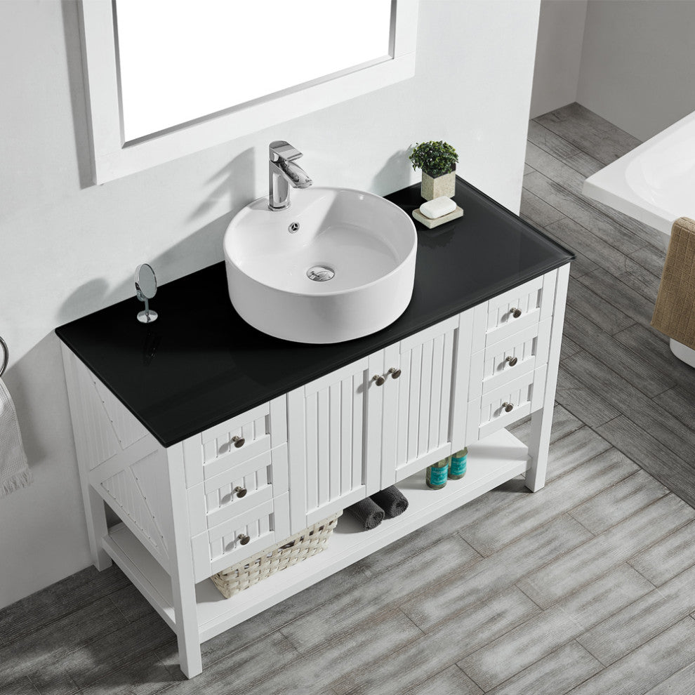 48"? Vanity in White with Glass Countertop with White Vessel Sink With Mirror