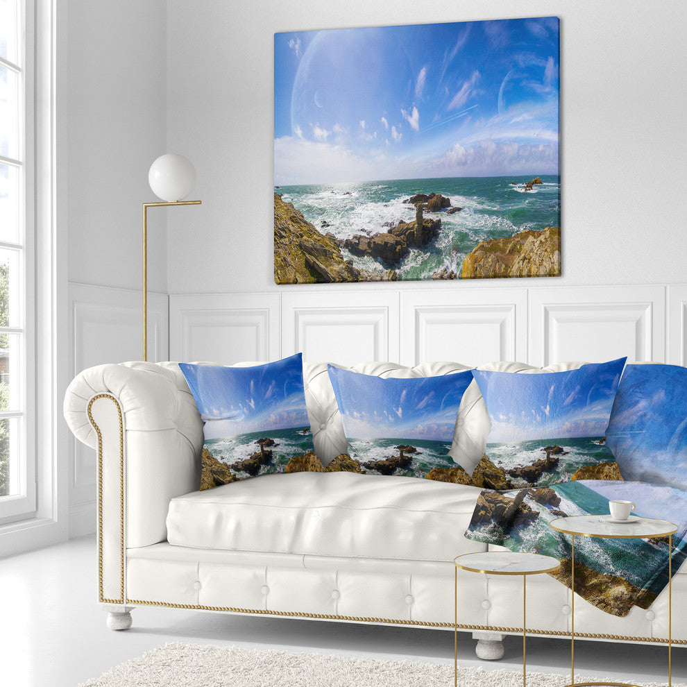 Distant Planet System from Cliffs Seashore Throw Pillow, 16"x16"