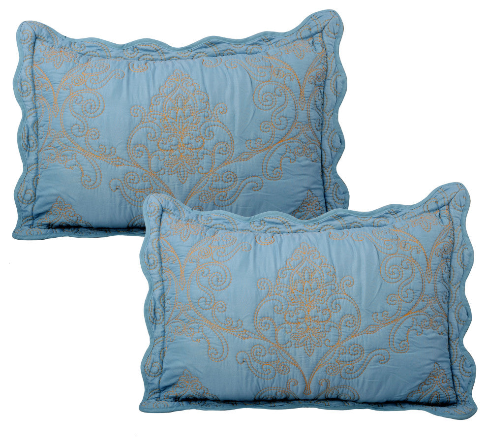 Damask Embroidered Quilted 4 Piece Bed Spread Sets, Forget Me Not, Queen