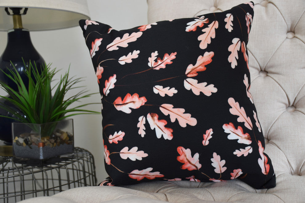 20" Wild Oak Leaves Black Floral Print Decorative Throw Pillow