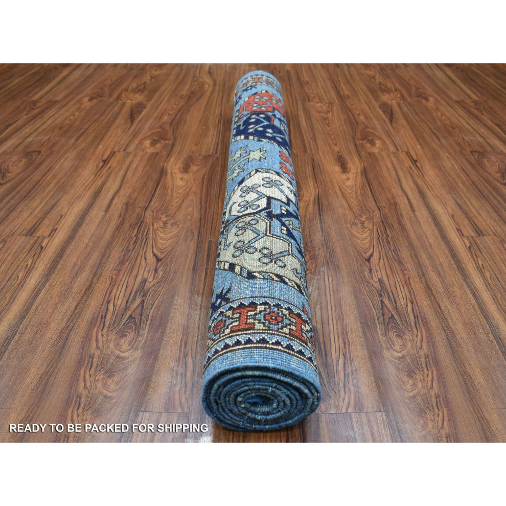 Extra Soft Wool Hand Knotted Blue Afghan Ersari Wide Runner Rug, 4'1" x 9'9"