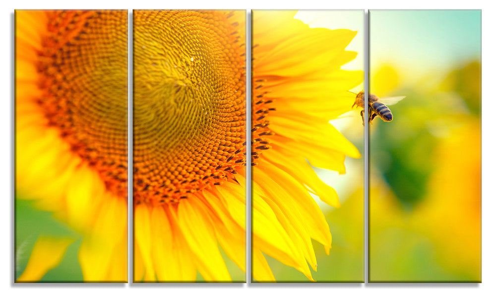 Beautiful Sunflowers Blooming, Large Animal Canvas Art Print, 48"x28", 4 Panels