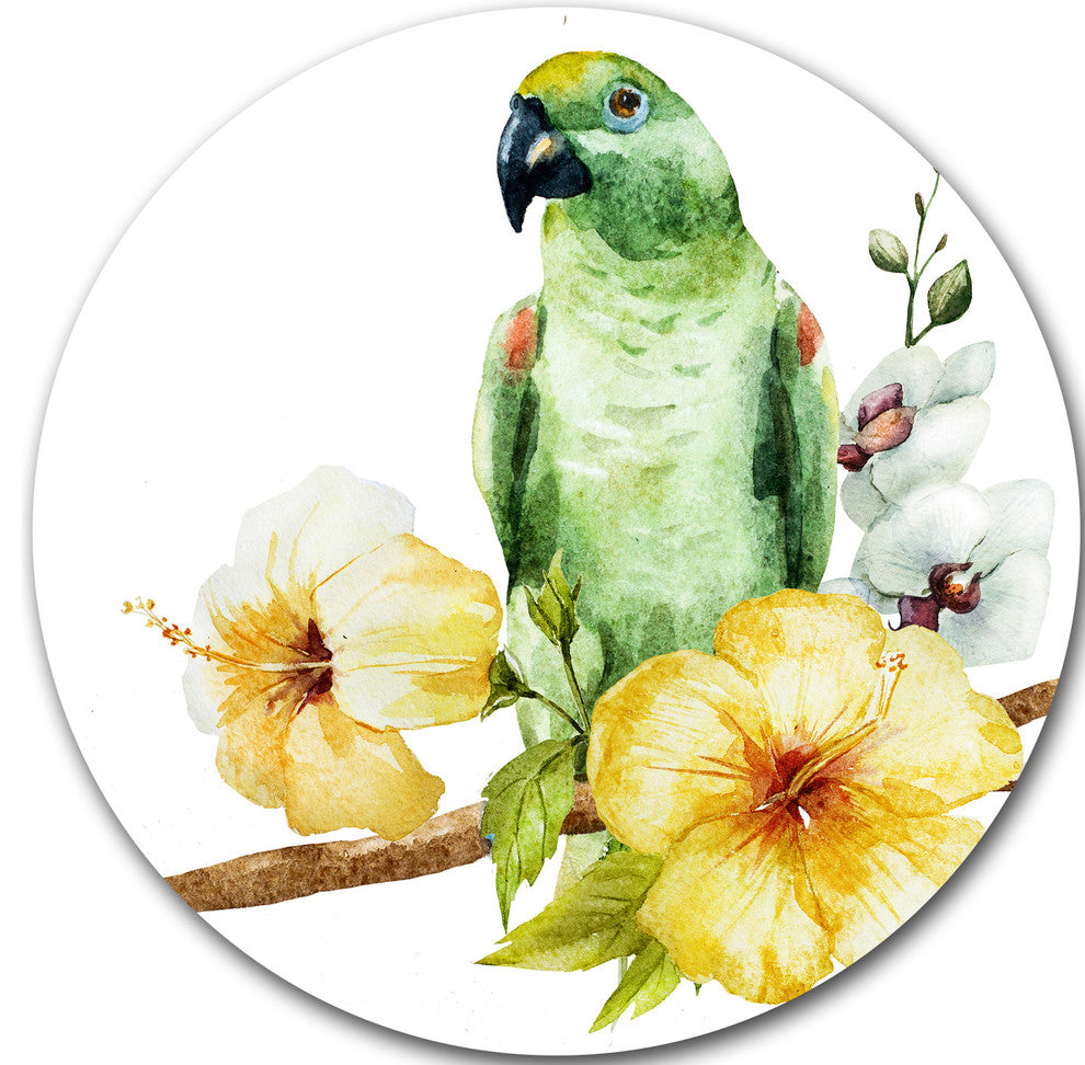 Parrot With Flowers Watercolor, Floral Painting Round Wall Art, 36"