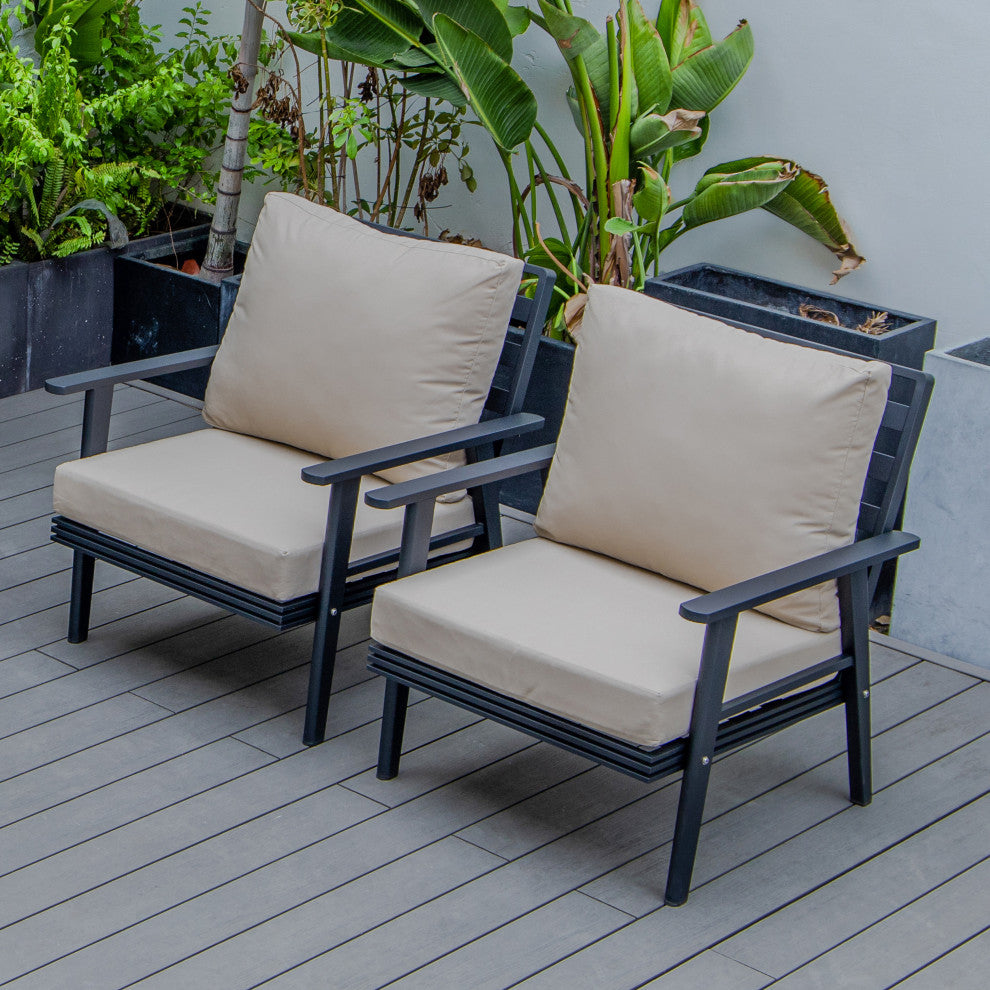 LeisureMod Walbrooke Black Patio Armchairs with Cushions Set of 2