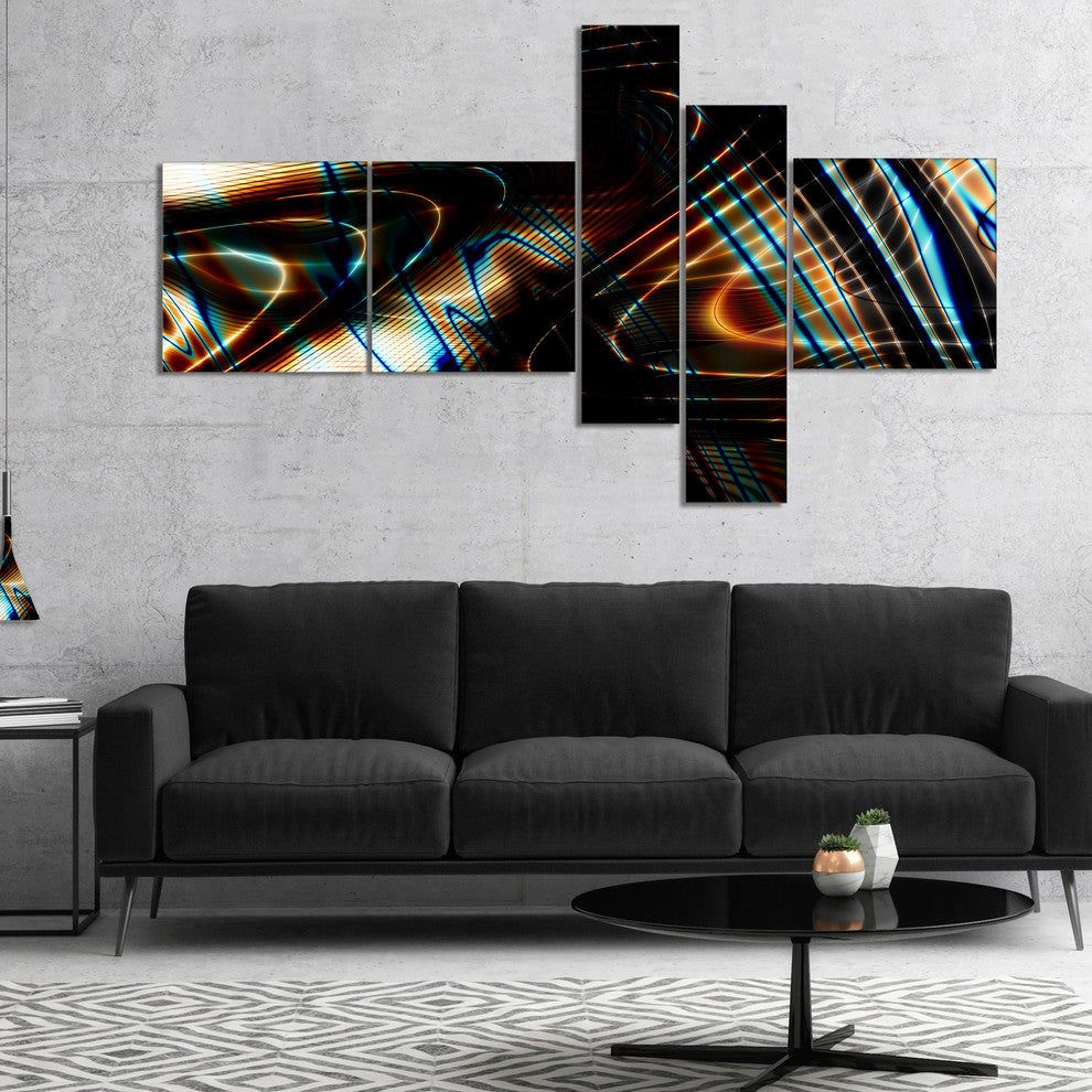 Fractal Curved Brown Black Stripes, Abstract Canvas Art Print, 60"x32", 5 panels