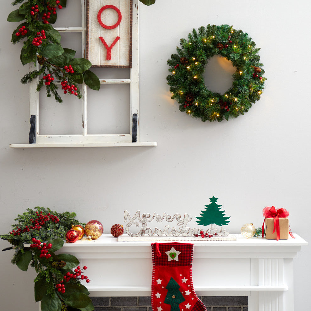 20" Frosted Pine Artificial Christmas Wreath, Pinecones, Berries 35 LED Lights