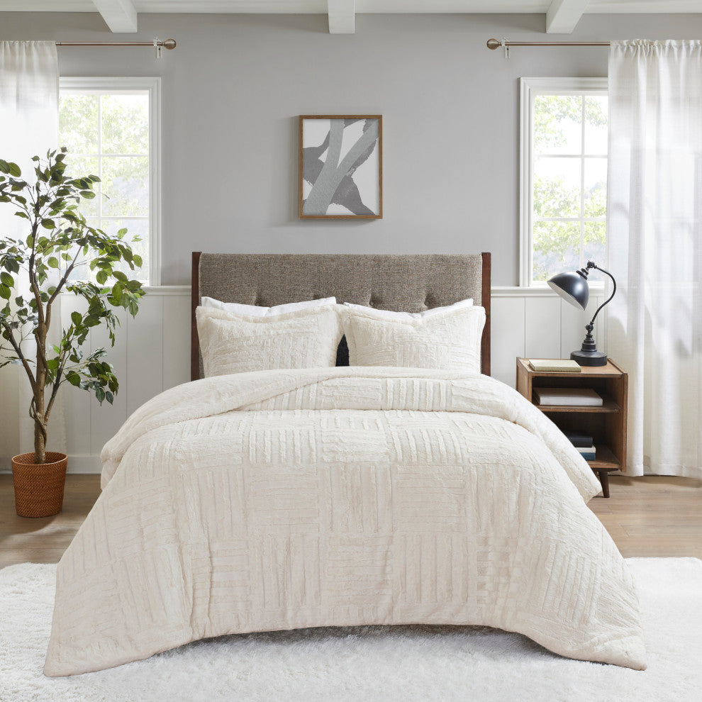 Madison Park Checkboard Brushed Long Fur Comforter Mini Set, Ivory, Full/Queen