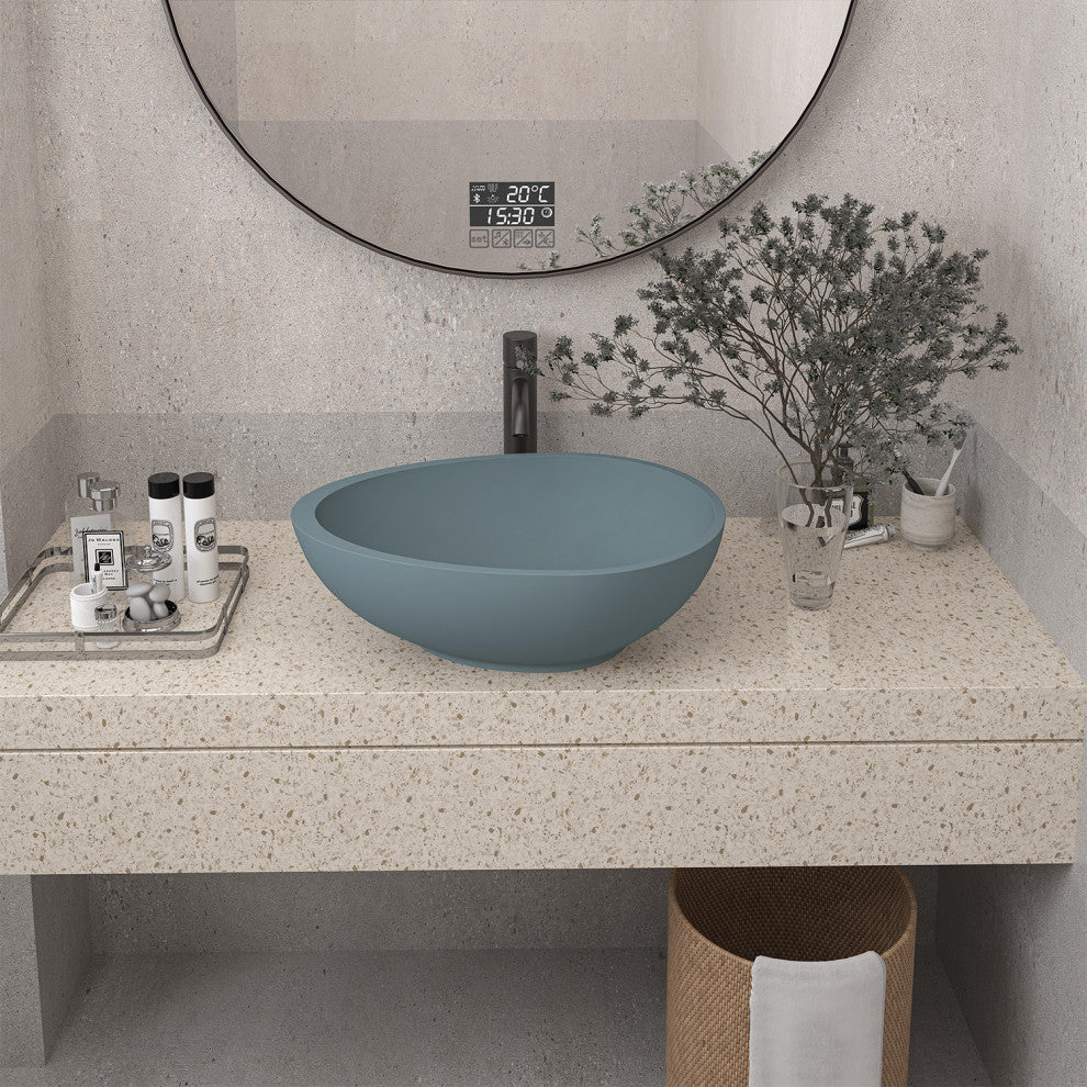 21in Bathroom Egg-shaped Concrete Vessel Sink With Drainer, Blue Ashes