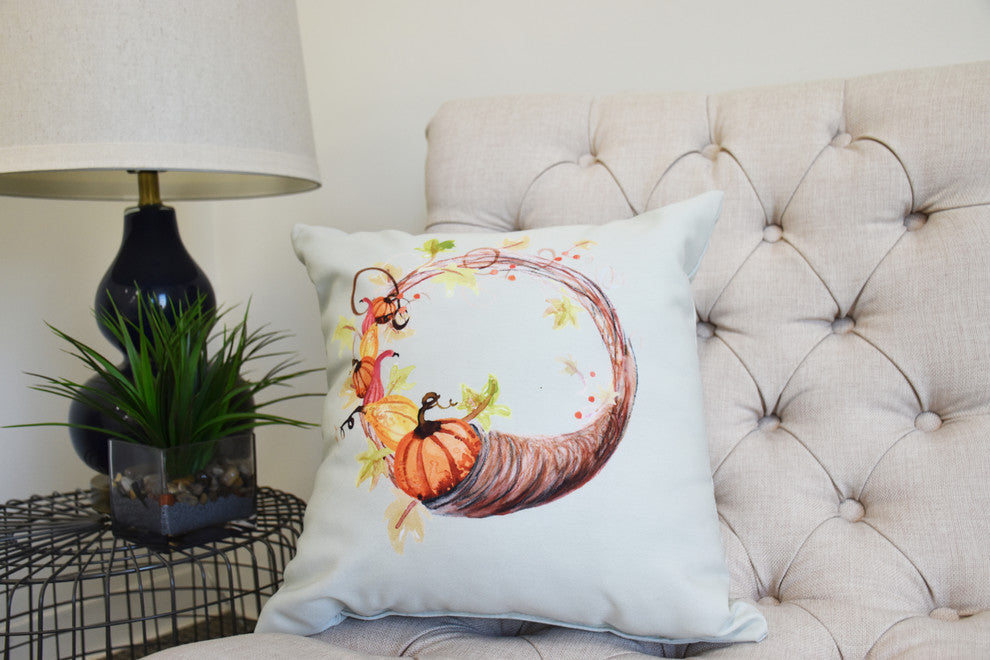 20" Cornicopia Wreath Light Green Fall Print Decorative Throw Pillow