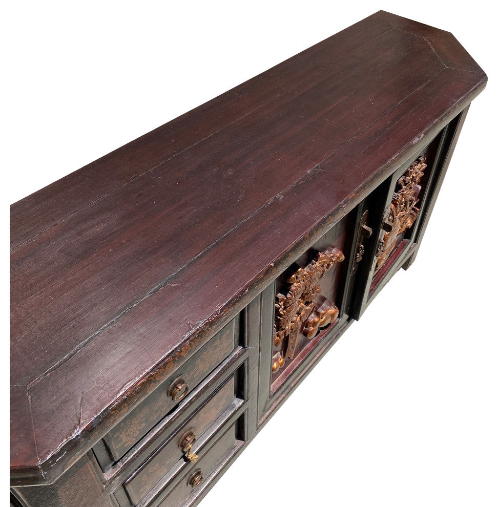 Chinese Distressed Brown Golden Flower Motif TV Console Table Cabinet Hcs6127
