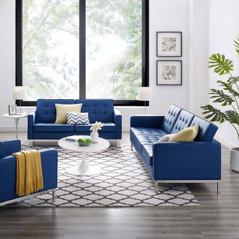 Tufted Loveseat and Sofa Set, Faux Leather, Silver Blue Navy, Modern, Lounge