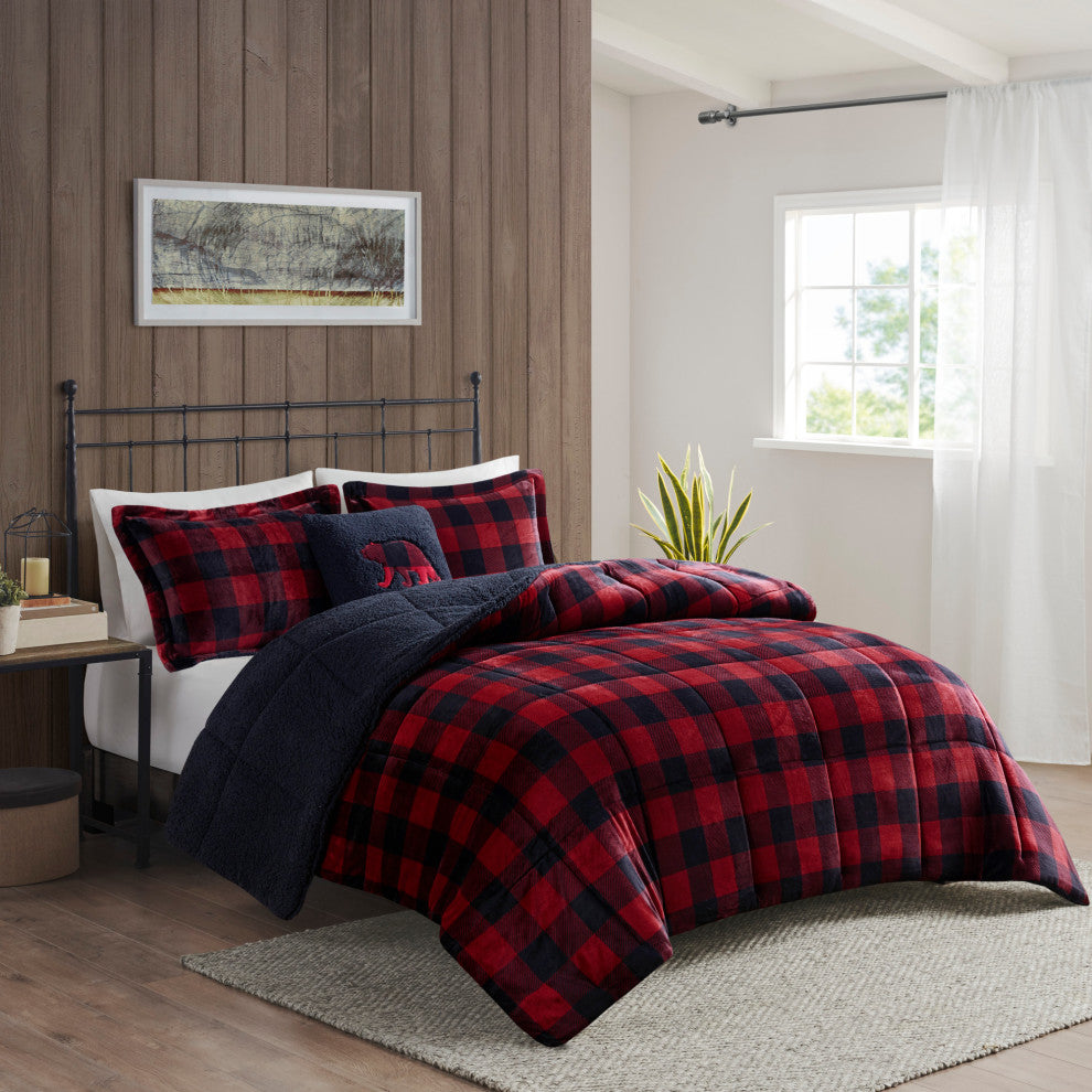 Woolrich Alton Plush to Sherpa Winter Comforter Set, Red Buffalo Check, King