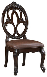 Cran 21" Dining Side Chair, Carved Details, Faux Leather Seat, Brown