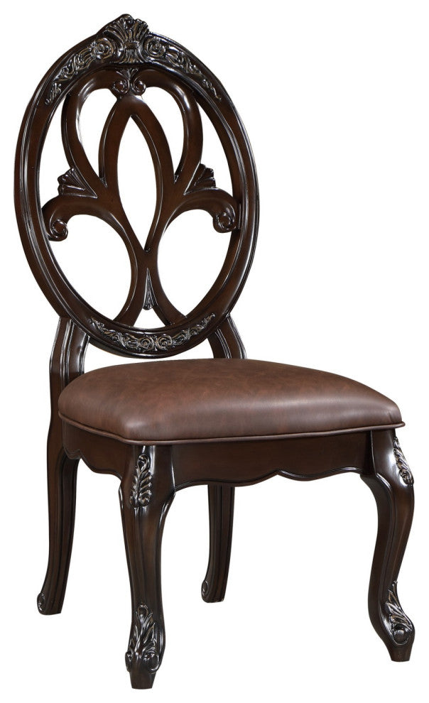 Cran 21" Dining Side Chair, Carved Details, Faux Leather Seat, Brown