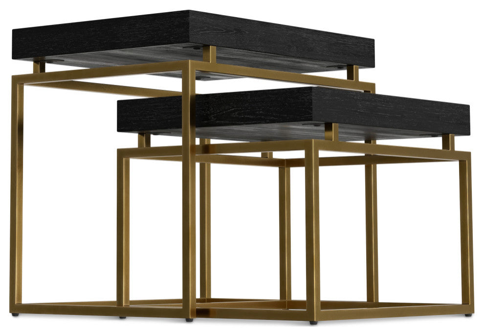 Macy Solid Mango Wood 2 Pc Nesting Table, Black, Gold