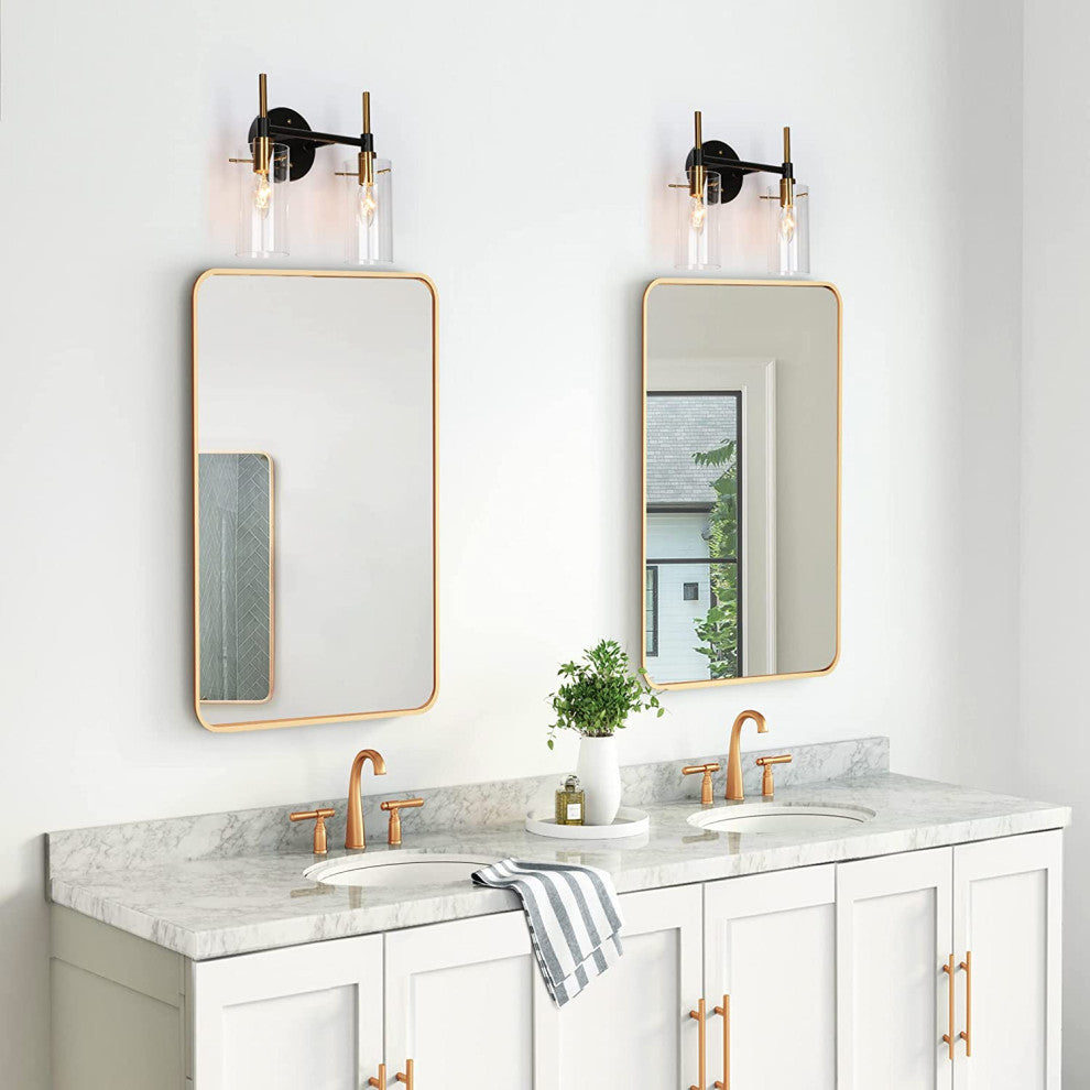 2-Light Farmhouse Wall Lights Black and Gold Wall Sconce With Glass Shade