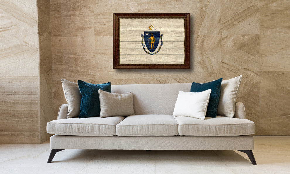 Massachusetts State Textured Flag Print With Brown Gold Frame, 23"X33"