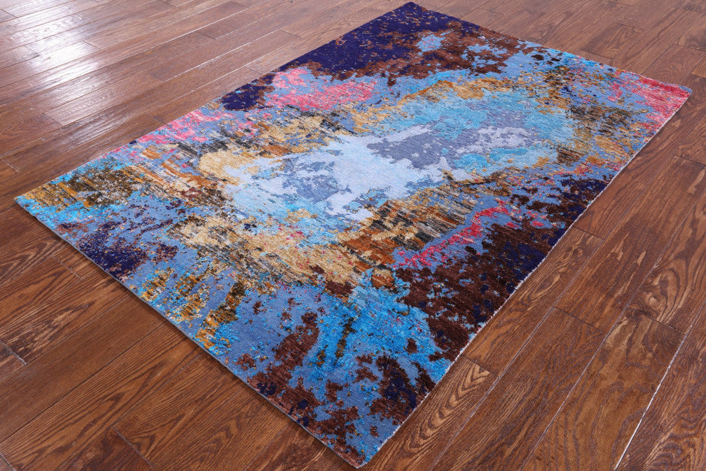 4' 0" X 5' 10" Wool and Silk Handmade Abstract Rug Q8791