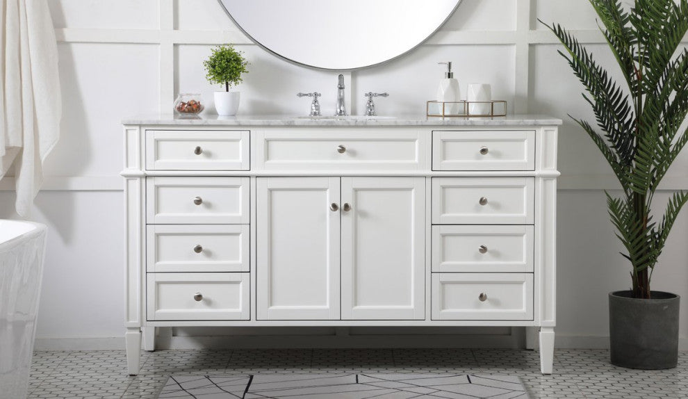 Home Living Vanity with Carrara White Marble Countertop, White, 60", Single Sink