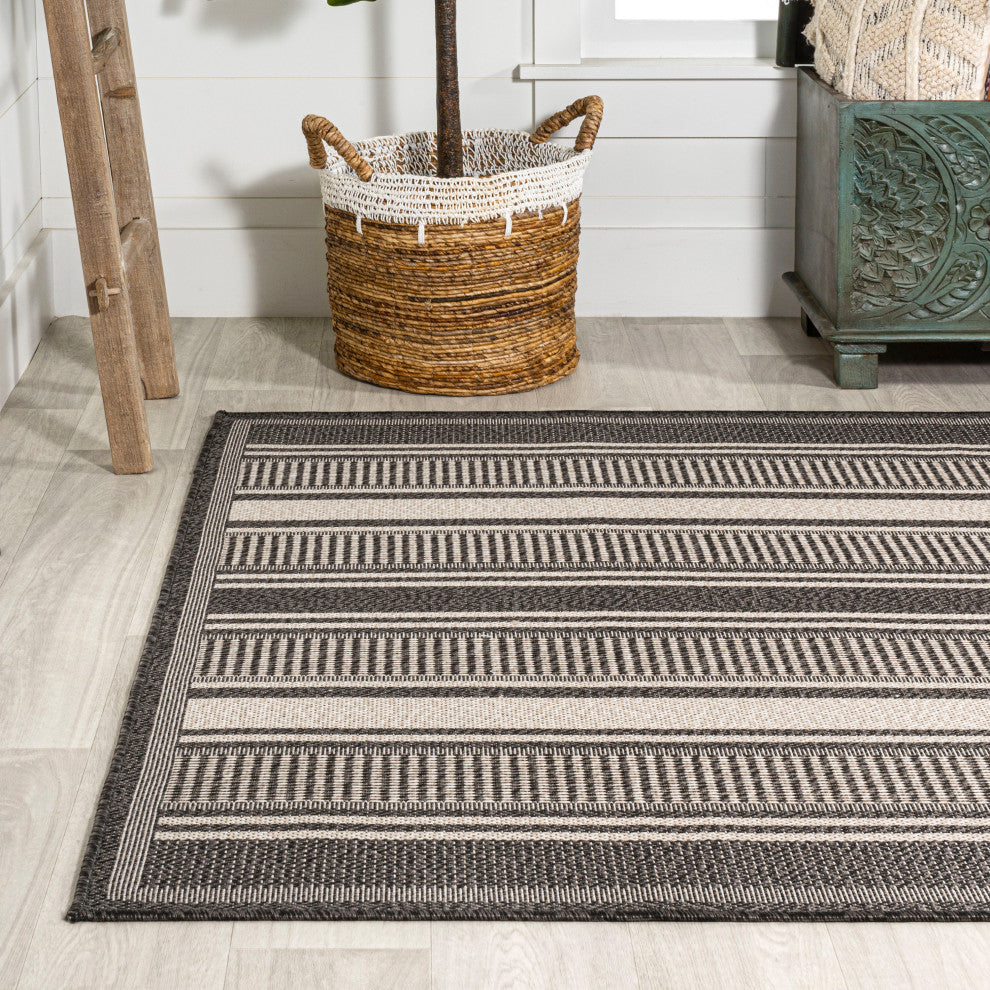 Haynes Modern Double Stripe Indoor/Outdoor Area Rug, Black/Cream, 8x10