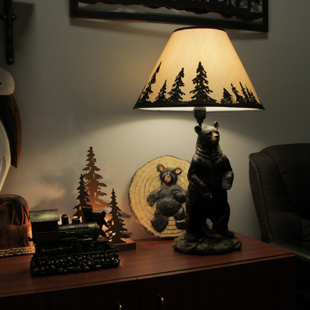 Standing Grizzly Bear Table Resin Lamp with Silhouette Forest Shade
