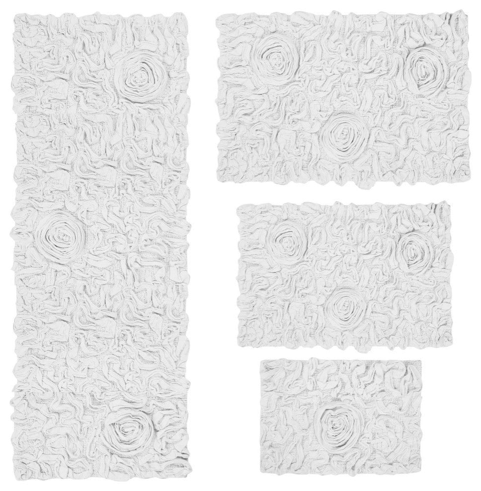 Bell Flower Collection Tufted Bath Rug, 4-Piece Set With Runner, White