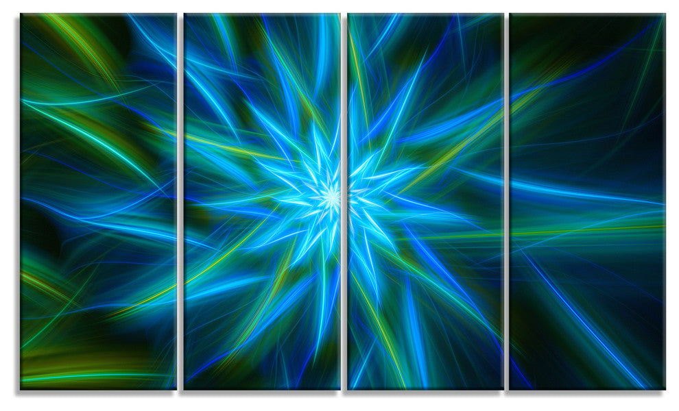 Shining Turquoise Exotic Flower, Floral Canvas Art Print, 48"x28", 4 Panels