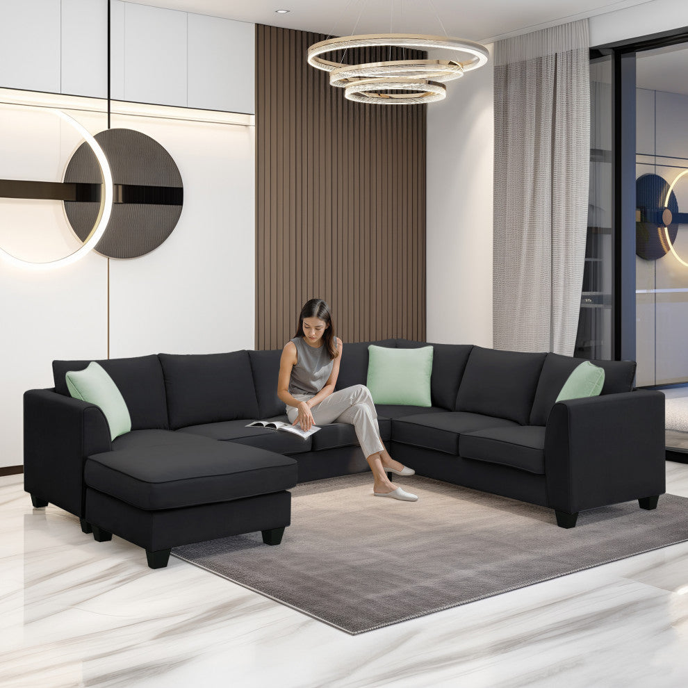 7-Seat Fabric Modular Sectional Sofa Couch Set with Ottoman and Pillows, Black